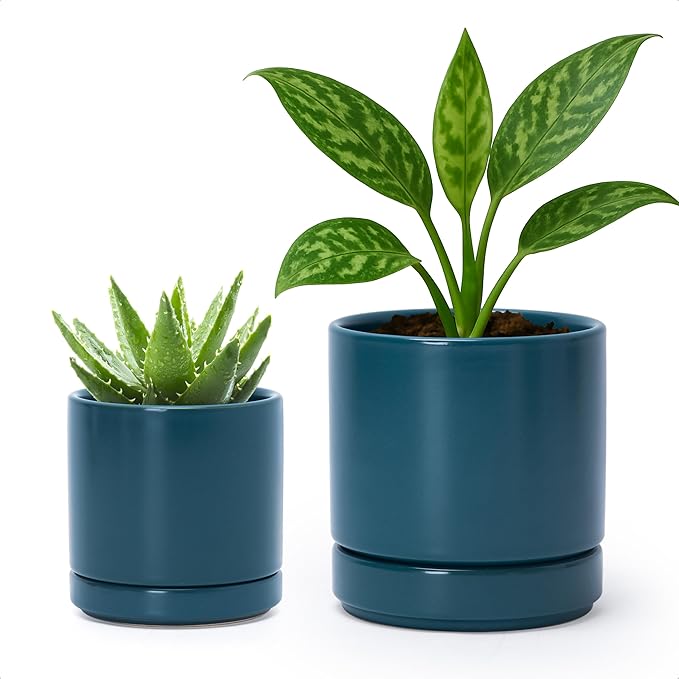 D'vine Dev 3.5 Inch & 4.7 Inch Ceramic Planter Pots for Plants with Drainage Hole and Saucer, X-Small Plant Pots Set, Teal, 94-G-XS-9