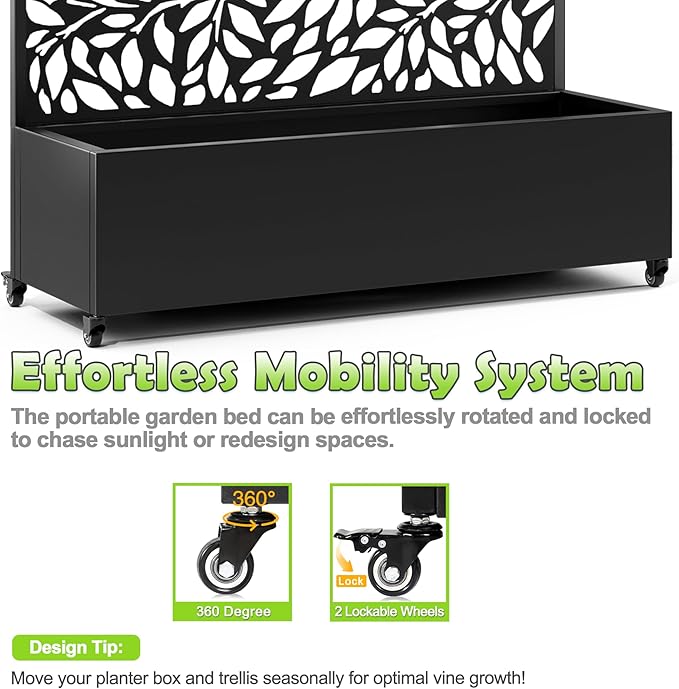 15.7"×70.9"×47.2" Metal Raised Garden Bed with Trellis and Wheels - Tall Trellis Planter Box for Climbing Plants, Vegetables & Vines - Outdoor Privacy Planters for Patio (Black)