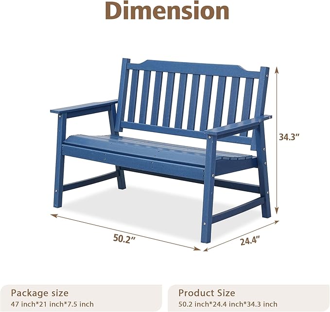 HDPE Outdoor 2-Person Bench, All-Weather Garden Bench with 700 lbs Weight Capacity, Patio Benches for Porch/Backyard/Park, Navy Blue
