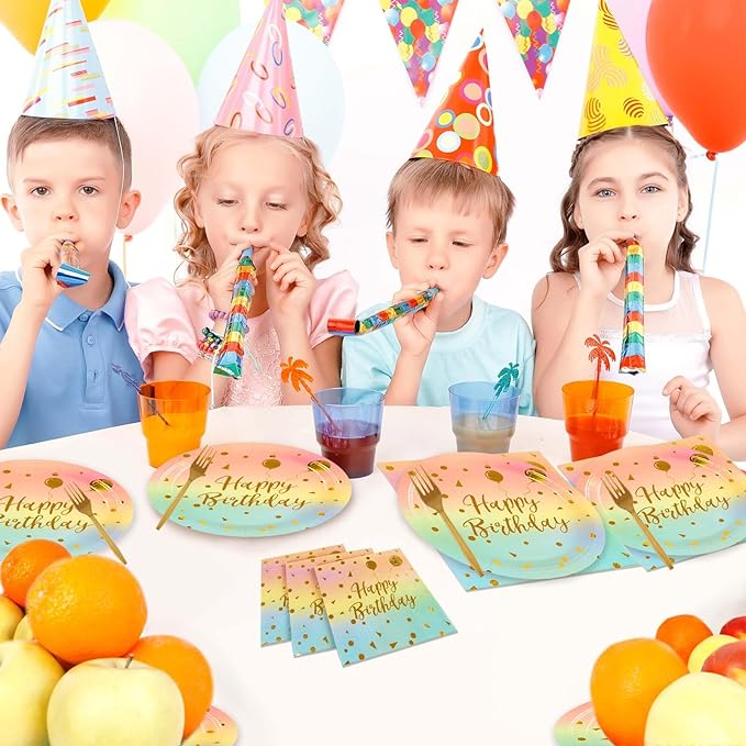 75PCS Happy Birthday Paper Plates - 7 Inch Colorful Gold Dot Paper Plates and 6.5 Inch Napkins with 6.3 Inch Gold Forks Disposable Tableware Set for Birthday Party Decorations, Serves 25