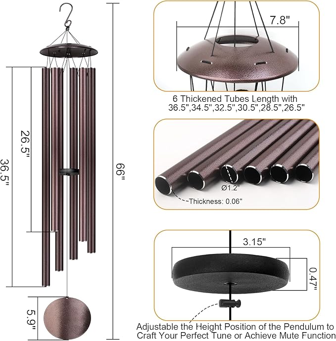 66" Large Wind Chimes for Outside Deep Tone with 6 Heavy ⌀ 1.2" Tubes - Soothing Windchimes Outdoors for Garden Patio Hanging Decor, Memorial Sympathy Gifts for Loss of Loved One (Bronze, 66")