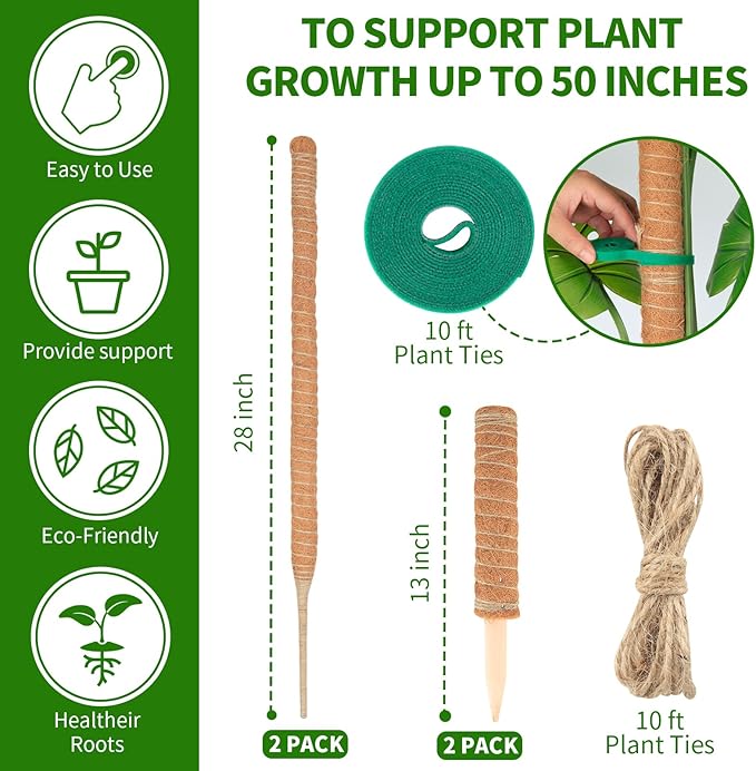 Moss Pole Set for All Growth Stages – 2 Pack 28” Bendable Moss Poles & 2 Pack 12” Stackable Coir Poles, Moss Pole Monstera Plant Support for Pothos, Philodendron, Indoor Climbing Plants