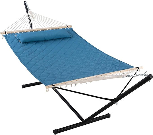 ANOW Double Hammock with 12 Feet Heavy Duty Steel Stand Combo, 2 Person Quilted Hammock with Stand for Outside, 450 LBS Weight Capacity, Blue