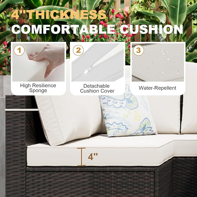 Patio Furniture Set with Fire Pit Table, 8-Piece Outdoor Furniture Sofa Set with Thick Cushions, Wicker Sectional Sofa for Porch Garden Backyard, Brown/Beige