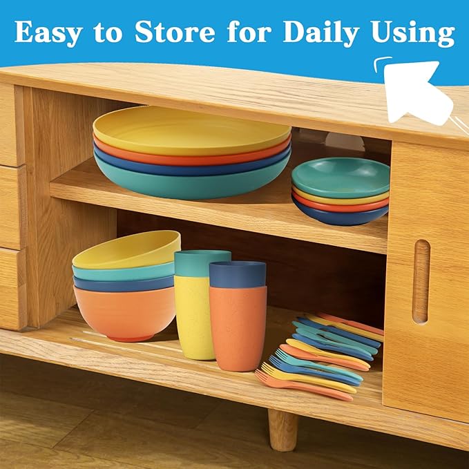 Wrova Wheat straw plates and bowls sets with cutlery - Unbreakable wheat straw dinnerware sets of 28 - Microwave safe plates,bowls,cups for camping,kitchen,new apartment.Colorful