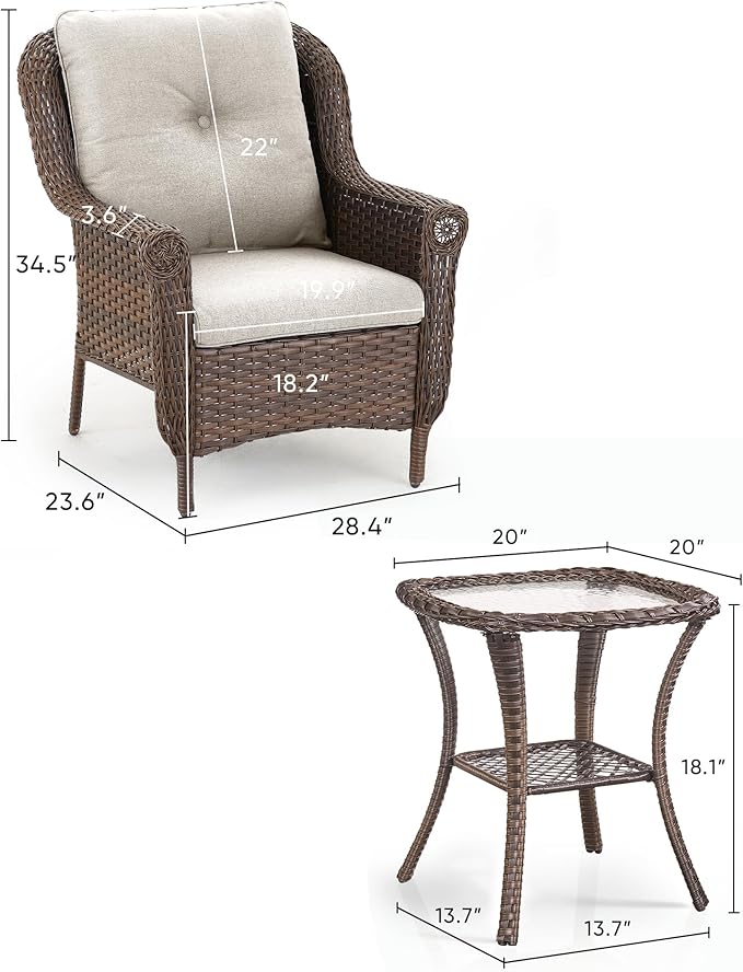 3 Piece Patio Brown Wicker Chairs with Side Table - Outdoor High Back Heavy Duty All-Weather Lawn Dining Rattan Chair Conversation Bistro Set for Deck Porch Balcony Backyard Garden - Beige