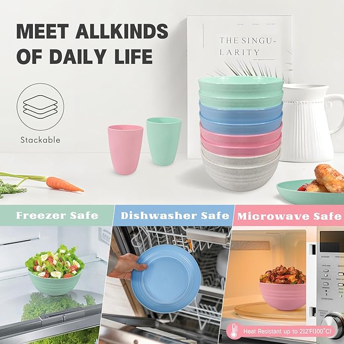 Kitchen Wheat Straw Dinnerware Sets (33pcs) Attached cleaning brush,Service For 8,Plastic Plates and Bowls Sets,Unbreakable Dinnerware,Lightweight Plastic Plate Set (Chroma)