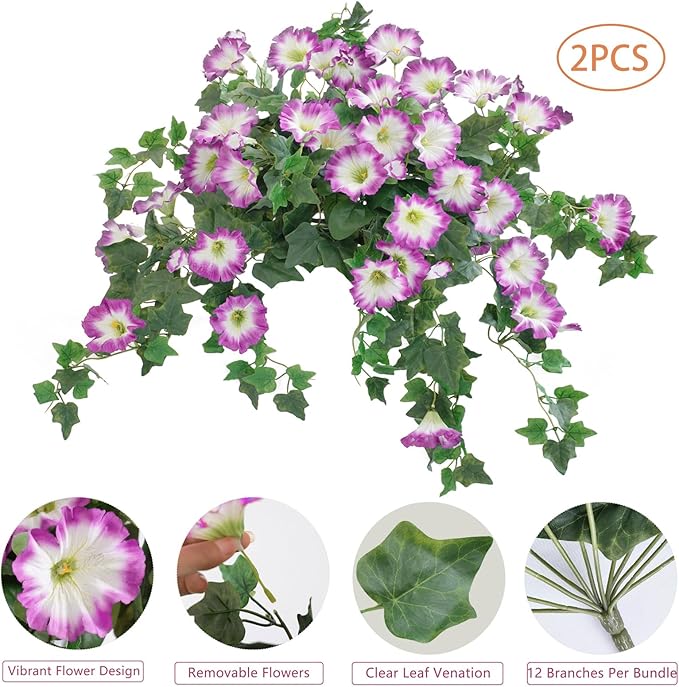 Artificial Fake Flowers Plants for Outdoor Decoration, 2PCS Faux Petunias Silk Plants UV Resistant Realistic Porch Garden Balcony Decor, Fake Flowers for Outdoor Planters Home Decor(Pure purple-red)
