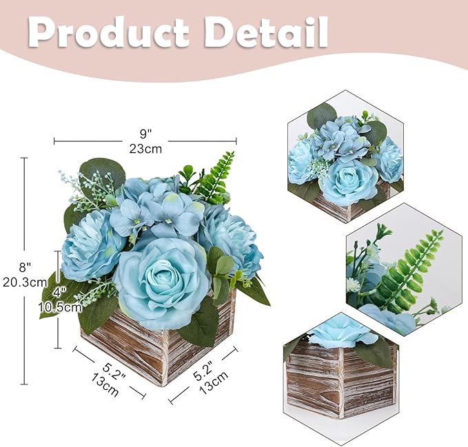 DILATATA Flower Arrangement with Wooden Vase 8" Artificial Flowers in Pot - Fake Flowers Roses Peonies Hydrangeas in Wooden Vase Potted Flower Centerpieces for Table Decor Living Room - Dusty Blue