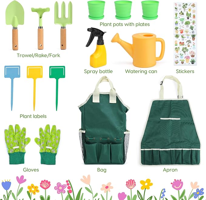 CUTE STONE Kids Gardening Tool Set, 20PCS Gardening Toys Includes Metal Rake,Fork,Trowel,Apron,Gloves,Watering Can,Tote Bag and Strickers, Garden Tool Kit for Kids, Outdoor Toys Gift for Boys Girls