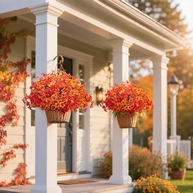 20 Bundles UV Resistant Artificial Fall Flowers Outdoor - Fake Autumn Plants for Thanksgiving Porch, Pumpkin Decor | All-Weather Faux Eucalyptus & Daisy (Fall Mix)