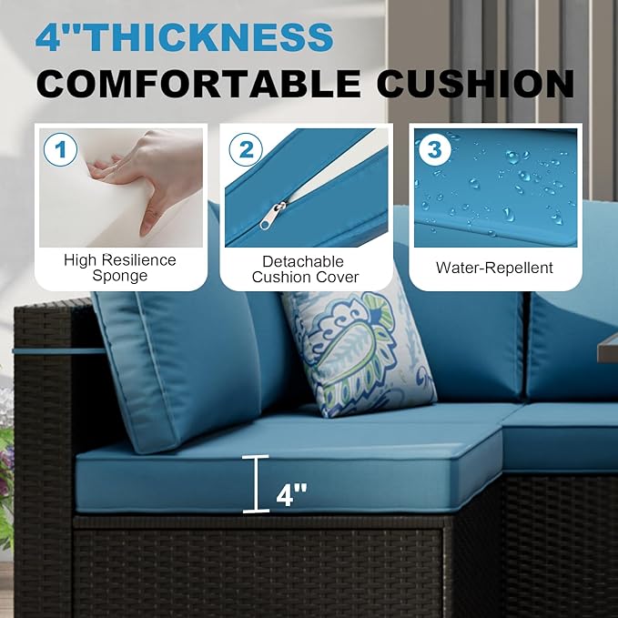 Patio Furniture Set with Fire Pit Table 28", 8-Piece Outdoor Furniture Set with Thick Cushions, Outside Wicker Sectional Sofa for Porch Garden Backyard, Coffee/Peacock Blue