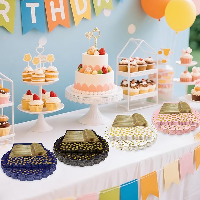 White and Gold Paper Plates and Napkins,7 Inch White and Gold Scalloped Disposable Dessert Plates Paper Napkin Fork Party Supplies for Wedding Baby Shower Birthday(25 Guest)