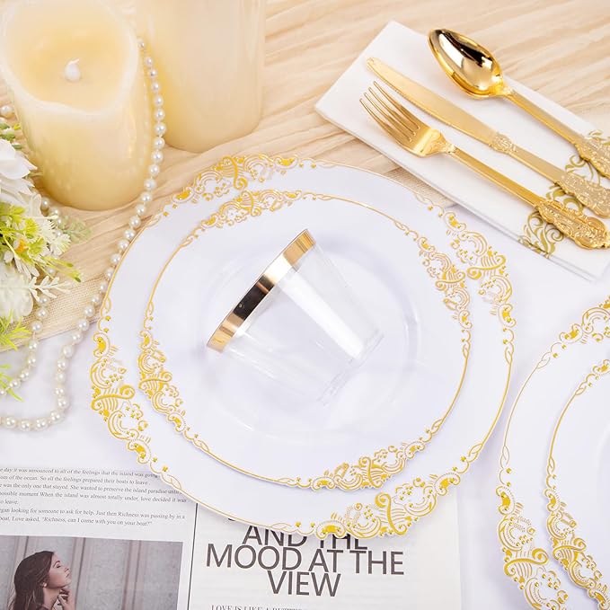 Hioasis 350pcs White and Gold Plastic Plates - Elegant Disposable Dinnerware Set Include 10.25" Dinner & 7.5" Dessert Plates, Knives, Forks, Spoons, Napkins, Cups for Party & Thanksgiving