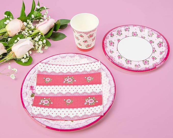 Royal Bluebonnet Rose Paper Plates and Napkins for Birthday Decorations - Set of 24 Sturdy 400 GSM Weighted Spring Paper Plates for Mothers Day, Disposable Floral Party Supplies for Easter Brunch