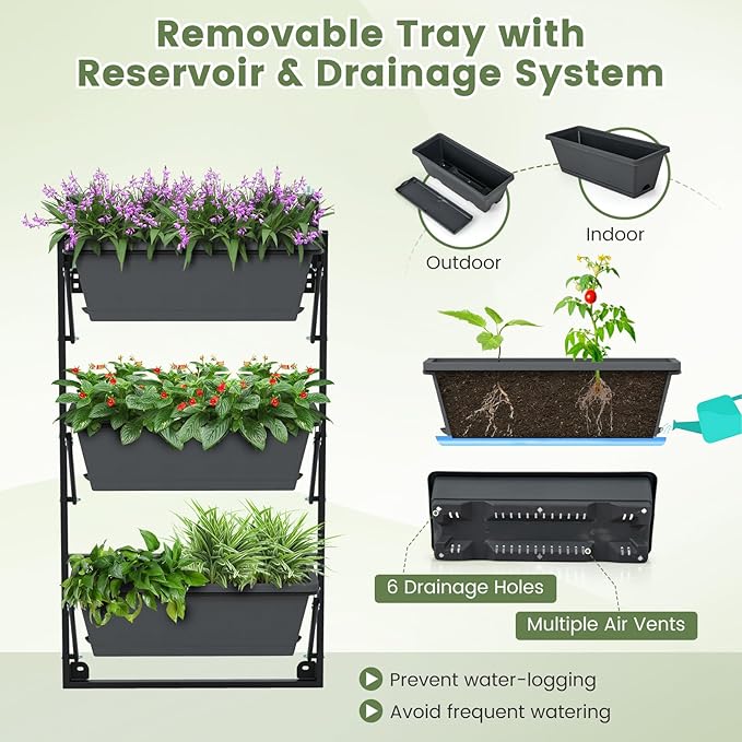 Giantex Vertical Raised Garden Bed, Hanging & Wall-Mounted Planter Garden Boxes, Adjustable Shelf & Detachable Hooks, 3-Tier Railing Raised Beds for Flower Strawberry Vegetable