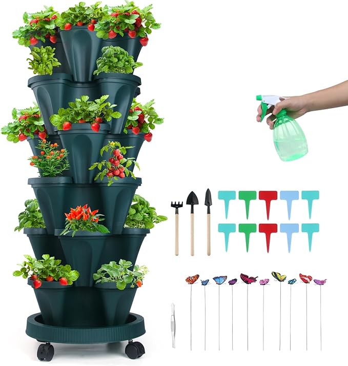 Vertical Planter, 6 Tier Stackable Strawberry Planter with Garden Tool Set, Movable Indoor/Outdoor Garden Herb Pot for Growing Vegetables and Succulents, Green