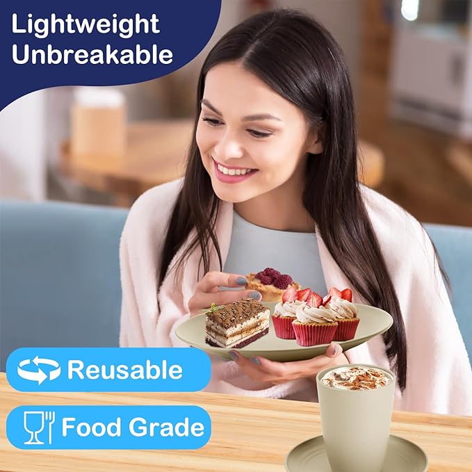 Dinnerware Sets 40 PCS Wheat Straw Plates and Bowls Sets With Cups Service for 8 Microwave Safe Dishes for Kitchen Lightweight Dish Set for RV Outdoor Activities Travel - Beige Colors