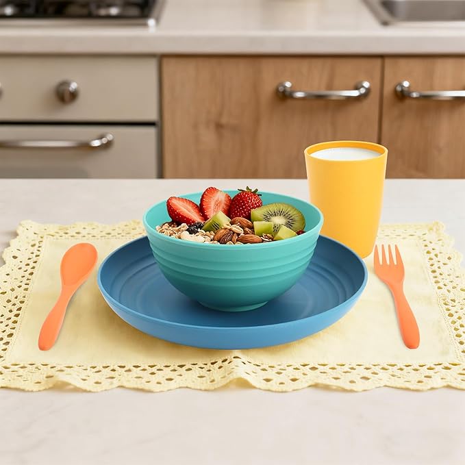 Wheat Straw Dinnerware Sets, 20 PCS Service for 4, Dishwasher & Microwave Safe Plates and Bowls Sets, Unbreakable Lightweight Outdoor Camping Dishes - Multicolor