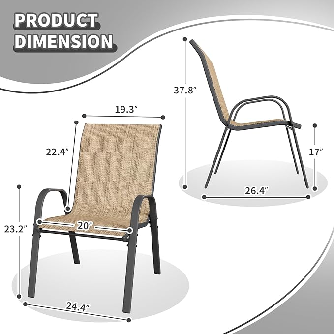 Patio Dining Chairs Set of 4, Stackable Dining Chairs High Back, Breathable Seat Fabric and Alloy Steel Frame Fit Backyard, Porch, Lawn，Poolside (Beige)