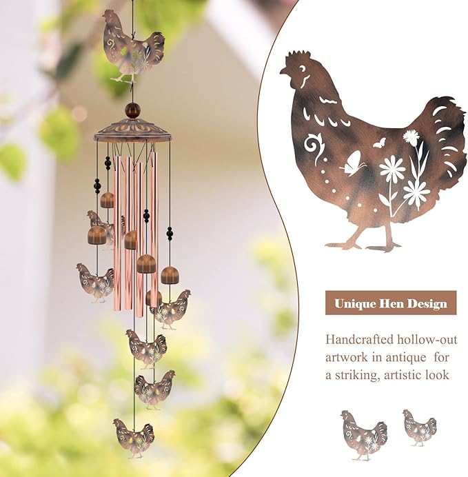Chicken Wind Chimes for Outside, 35'' Metal Chicken WindChimes Gifts for Women/Men, Decoration for Outdoor, Home, Garden, Patio, Backyard