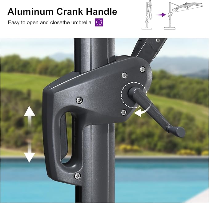 PURPLE LEAF 11' X 8' Swivel Outdoor Patio Aluminum Umbrella with Base Left-right Tilting Cantilever Offset Umbrella with UV Resistant Heavy Duty Fabric for Deck Pool Patio Backyard, Ash Mocha