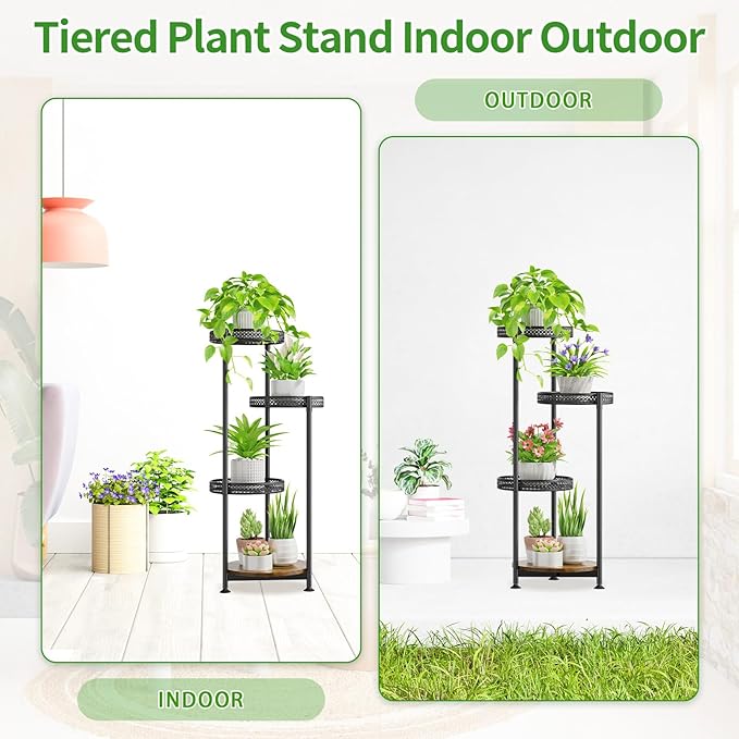 4 Tier Plant Stand Indoor Outdoor, Metal Flower Pot Shelf Holder Clearance, Tall Corner Rack for Multiple Plants, Modern Organizer Display for Patio Orchid Office Porch Living Room Garden, Black