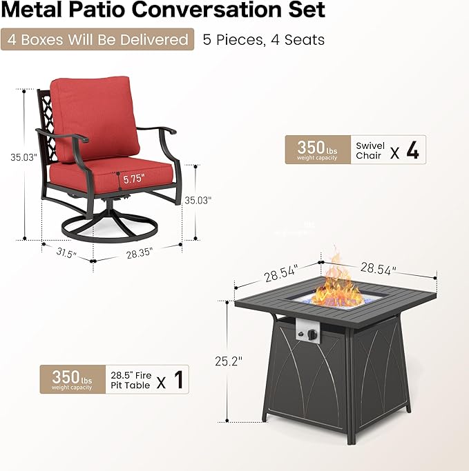 5 Piece Metal Outdoor Patio Furniture Set with Fire Pit Table, Patio Conversation Sets 4 Swivel Chairs with 5.75" Thick Cushion and 5000 BTU Fire Pit Table, Backyard Furniture, Red