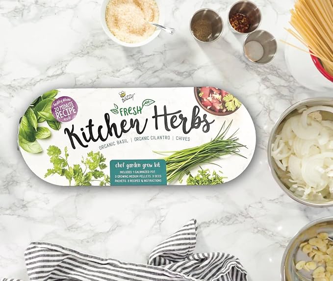 BUZZY Seeds Organic Windowsill Grow Kit, Copper Culinary Herb Garden with Basil, Cilantro and Chives, Indoor Starter Set with Seed Packets and Growing Medium, Holiday Present, Gardening Gift