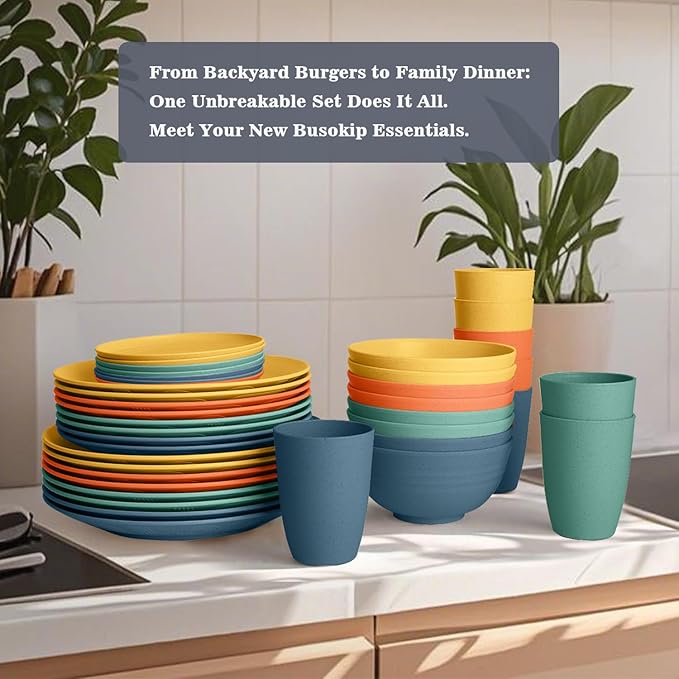 Wheat Straw Dinnerware Sets 40 PCS| Plates and Bowls Sets for 8, Unbreakable Dinner Plate, Dessert Plates, Cereal Bowl, Drinking Cups, Microwave Safe Dishes Set for Kitchen, Outdoor - Multi