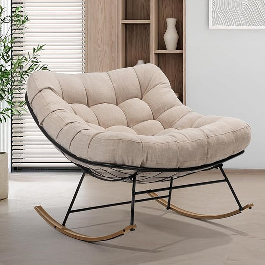 Bme Patio Rocking Chair Outdoor & Indoor, Beige Cushion - Wood Texture Rocker, Metal Patio Lounge Rocking Chair with Thick Cushion, Comfy Modern Rocker Chair for Living Room, Porch, Backyard