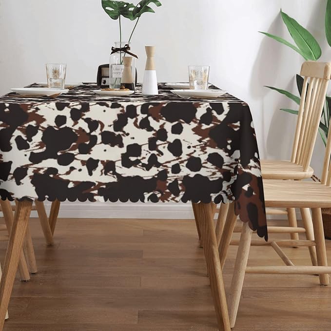 Cow Fur Table Cloth for Rectangle Dining Tables, Reusable Beige Brown Cowhide Tablecloths Decoration Western Farm Animal Fur Cow Skin Brown Table Cover for Kitchen,Holiday,Party, 54x72 Inch