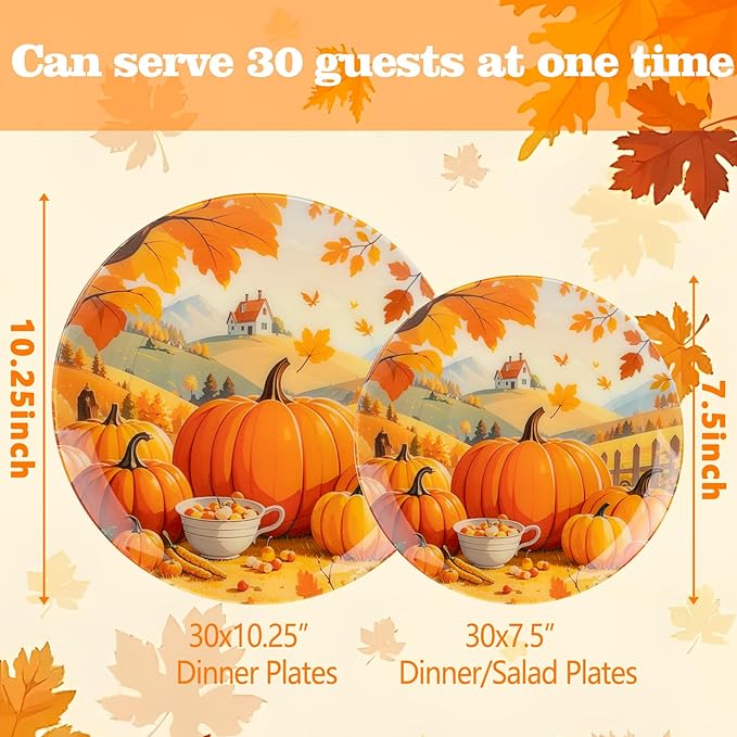 60PCS Thanksgiving Plastic Plates - Heavy Duty Fall Plastic Plates - Pumpkin Disposable Plates Include 30 Dinner & 30 Dessert Plate for Friendsgiving Party Holiday