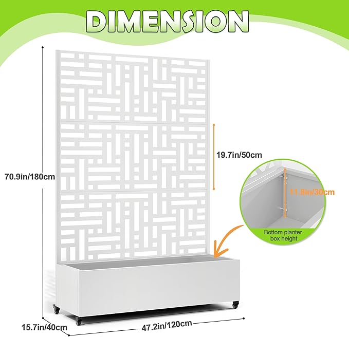15.7"×70.9"×47.2" Metal Raised Garden Bed with Trellis and Wheels - Tall Trellis Planter Box for Climbing Plants, Vegetables & Vines - Outdoor Privacy Planters for Patio (White-Helen)