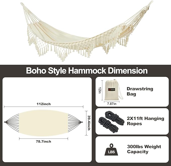JoyView Boho Macrame Single Hammock with Hanging Ropes & Elegant Tassels 78.8x39.4 Portable Cotton Hammock for Patio Backyard Porch 300LBS Weight Capacity Perfect for Outdoor/Indoor - Beige Color