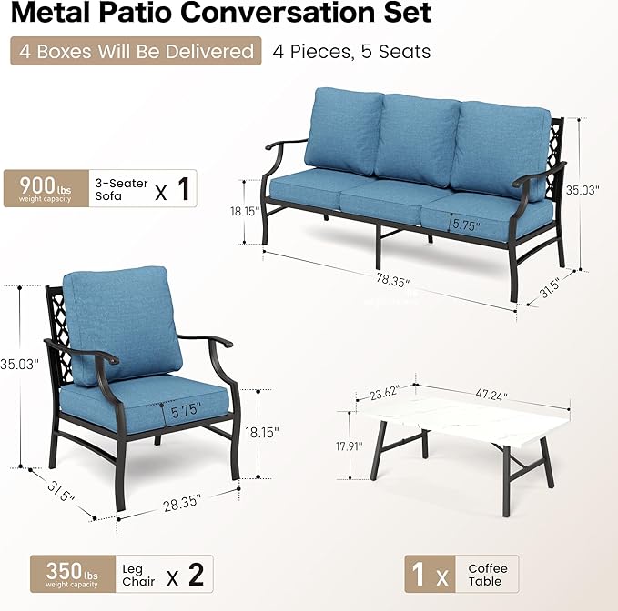 4 Piece Metal Outdoor Patio Furniture Sets, Patio Conversation Sets 1 3-seater Sofa, 2 Fixed Chair with 5.75" Extra Thick Cushion and Coffee Table, Black Frame Backyard Furniture, Navy