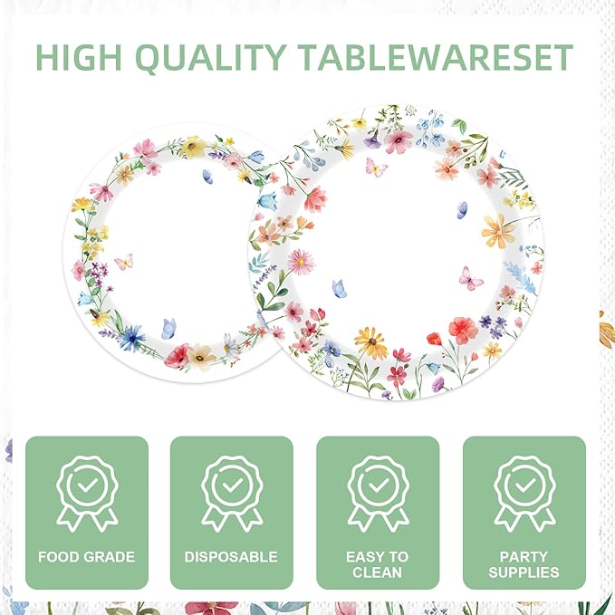 141Pcs Wildflower Party Decorations Spring Floral Birthday Decorations for 20 Guests - Tableware Plates and Napkins Forks Cups Straws Tablecloch for Baby Shower Party Decorations