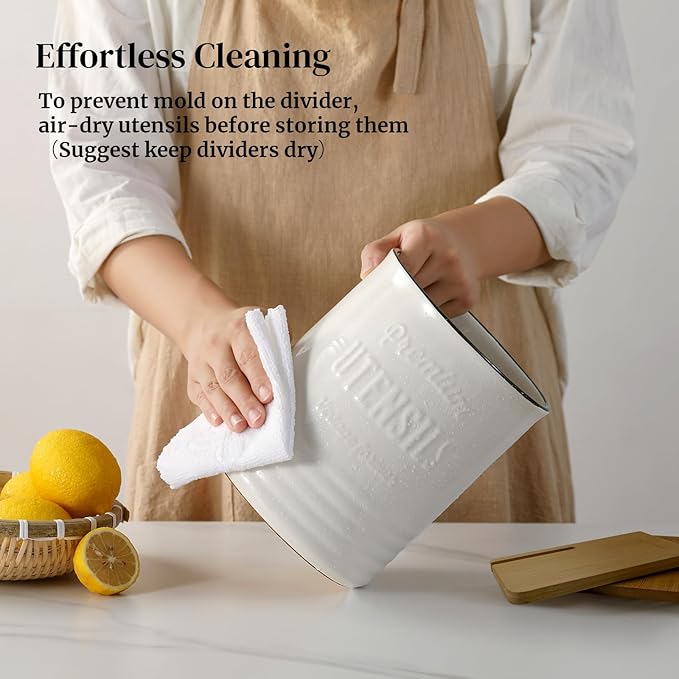 DOWAN 3 Compartment Kitchen Utensil Holder, 7.2″ Extra-Large Ceramic Stable Utensil Caddy, Rustic Cooking Utensil Crock for Farmhouse Kitchen Décor, Utensil Holder for Countertop