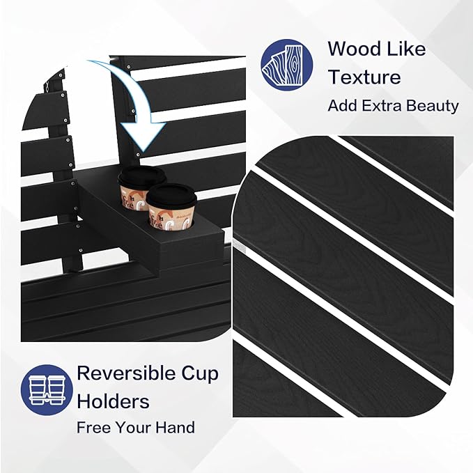 Outdoor Bench Weatherproof - HDPE 2-Person Garden Bench with Cup Holders, Bench Furniture with Backrest and Armrests, 700 lbs Capacity, Patio Park Bench for Front Porch Backyard Park (Black)