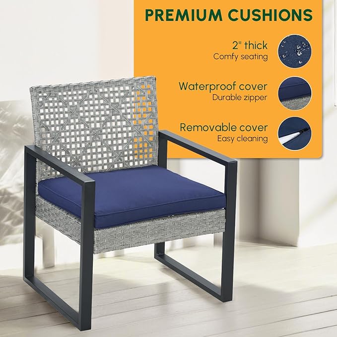 BEEFURNI Wicker Patio Furniture Outdoor Conversation Set of 4, Acacia Wood Table, 2 Rattan Chairs, 1 Loveseat, 2” Cushions, All-Weather, Easy Assembly, 1-Year Manufacturer Warranty (Gray)