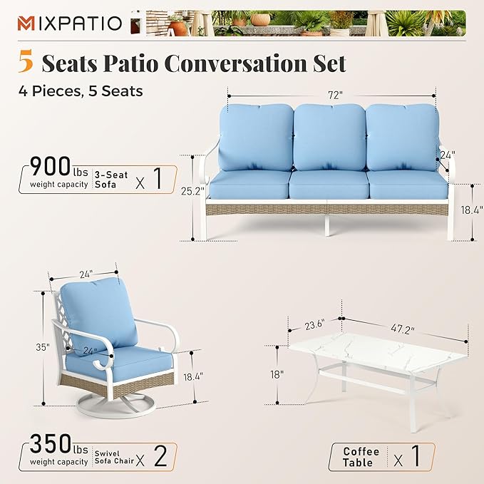 4 Piece Patio Furniture Set, 2 x Swivel Chair, 1 x 3-Seat Sofa with Marbling Coffee Table, All Cushioned 5 Seats Outdoor Conversation Set for Lawn Garden Backyard, Blue