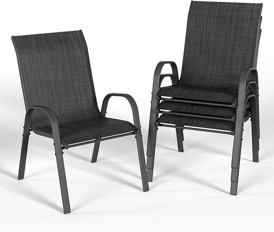 Patio Dining Chairs Set of 4, Stackable Dining Chairs High Back, Breathable Seat Fabric and Alloy Steel Frame Fit Backyard, Porch, Lawn，Poolside (Dark Grey)