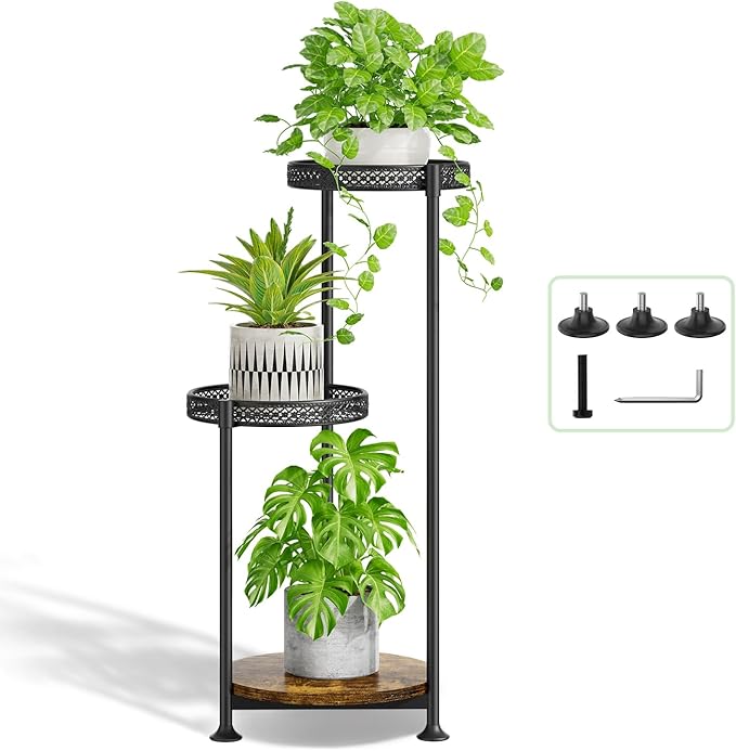 Plant Stand Indoor Outdoor Clearance, 3 Tier Metal Flower Shelf Pot Holder, Tall Multiple Plants Corner Rack Narrow House Orchid Display Organizer for Patio Office Porch Living Room Garden, Black