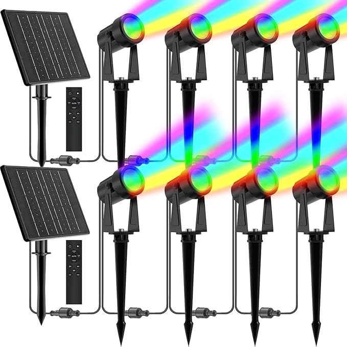 ZYAN Solar Powered Landscape Spotlights Outdoor Waterproof IP65, RGBW Colored LED Spot Lights for Garden Yard, Auto On/Off Remote Control Spot Lights for Plant, Tree, Patio, Path, Lawn, Wall (8 Pack)