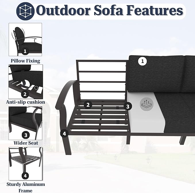 Kurapika Patio Furniture Set 8-Piece Aluminum Sectional Sofa with Armrest, Modern Outdoor Conversation Set, Metal Corner Sofa with Ottoman, Black