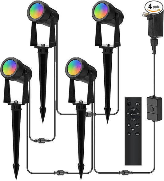 Banord RGBW Color Changing Outdoor Landscape Lighting, 4 Pack Low Voltage LED Outdoor Spotlight with Remote, IP65 Waterproof for Yard, Garden, Lawn