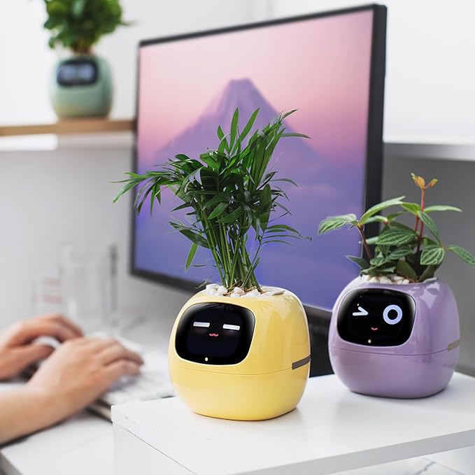 Smart pet Planter Robot Guidance on Plant Care with Emojis, Adorable Plant Companion with Rich Gesture Interaction, Neat Desk Setup Gift (Yellow)