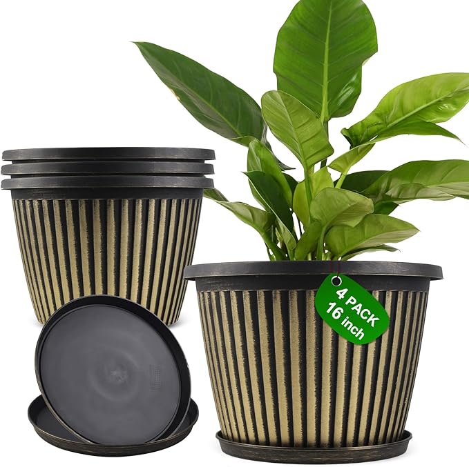 Large-Planter-Indoor-Outdoor Plant Pots, 16 inch 4 Pack Plastic Flower Pots with Saucer and Drainage Holes, Modern Garden Planters for Planting Medium Large Plants， Decorative Resin Garden Pots