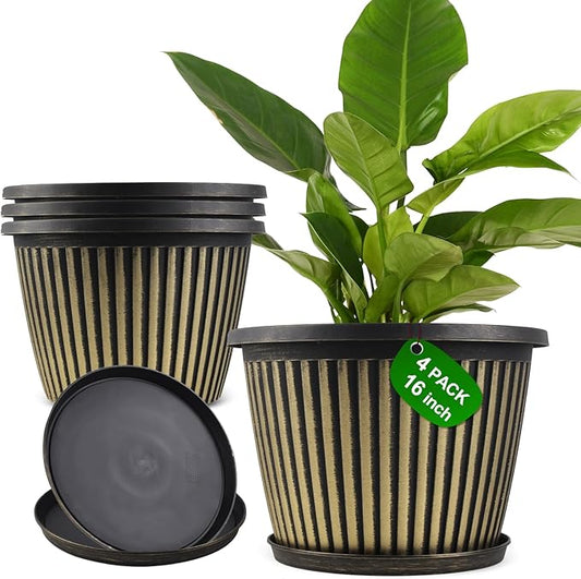 Large-Planter-Indoor-Outdoor Plant Pots, 16 inch 4 Pack Plastic Flower Pots with Saucer and Drainage Holes, Modern Garden Planters for Planting Medium Large Plants， Decorative Resin Garden Pots