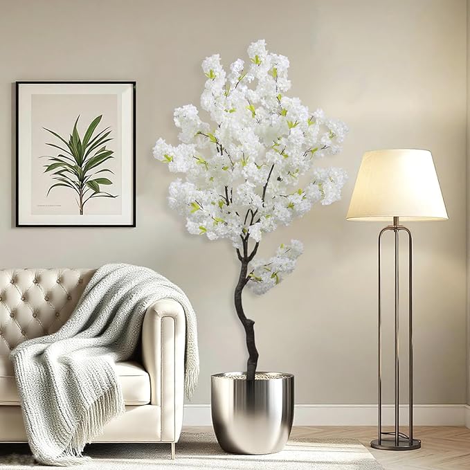 Large Artificial White Cherry Blossom 6ft(72in) Faux Floor Green Plant for Indoor Decor Natural Potted Tree Realistic Cherry Flowers Wood Trunk for Home Living Room,Office Perfect Housewarming Gift